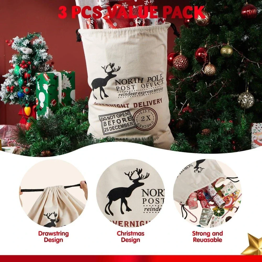 Joyin 3 Pack Christmas Santa Sacks Canvas Drawstring Gift Bags (26 x 19) New